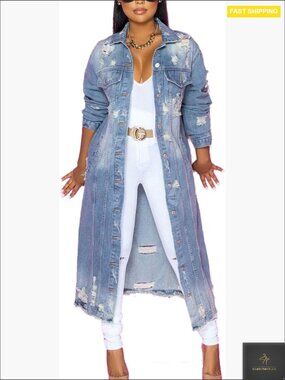 Distressed Denim Trench Coat Oversized Chic Y2K Long Sleeve Jacket